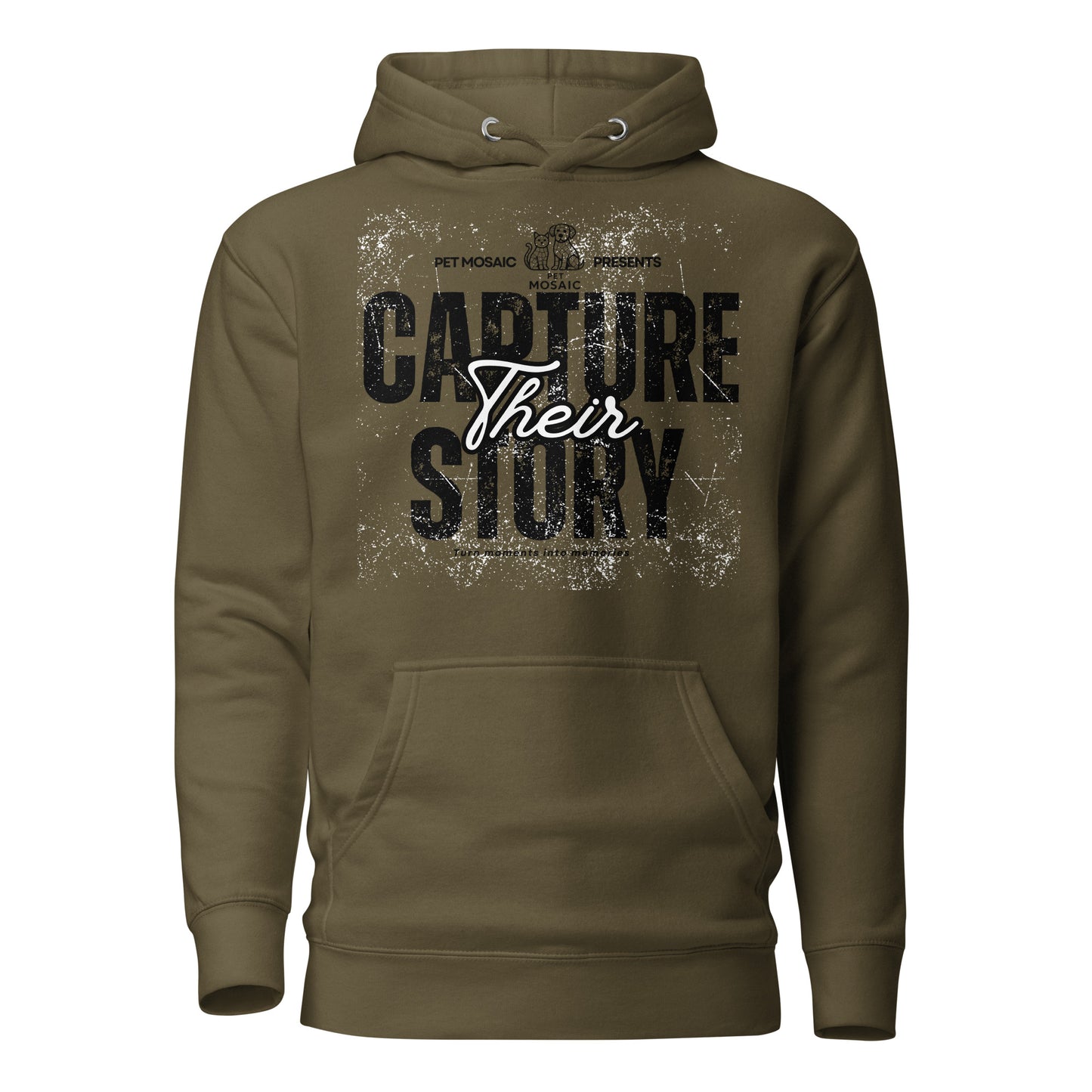 Brown hoodie with text 'Capture Their Story' on a white background