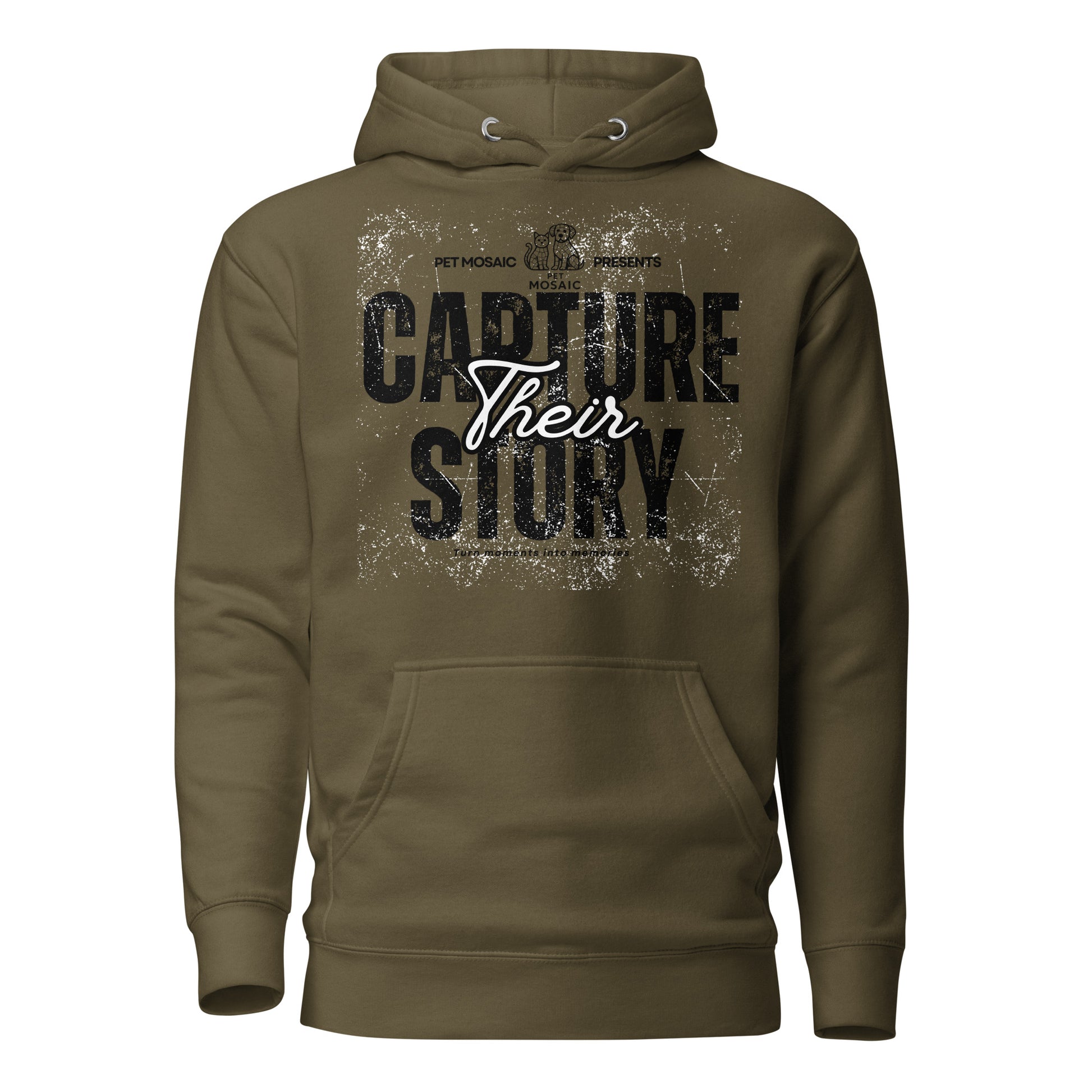 Brown hoodie with text 'Capture Their Story' on a white background