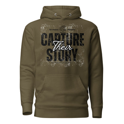 Brown hoodie with text 'Capture Their Story' on a white background