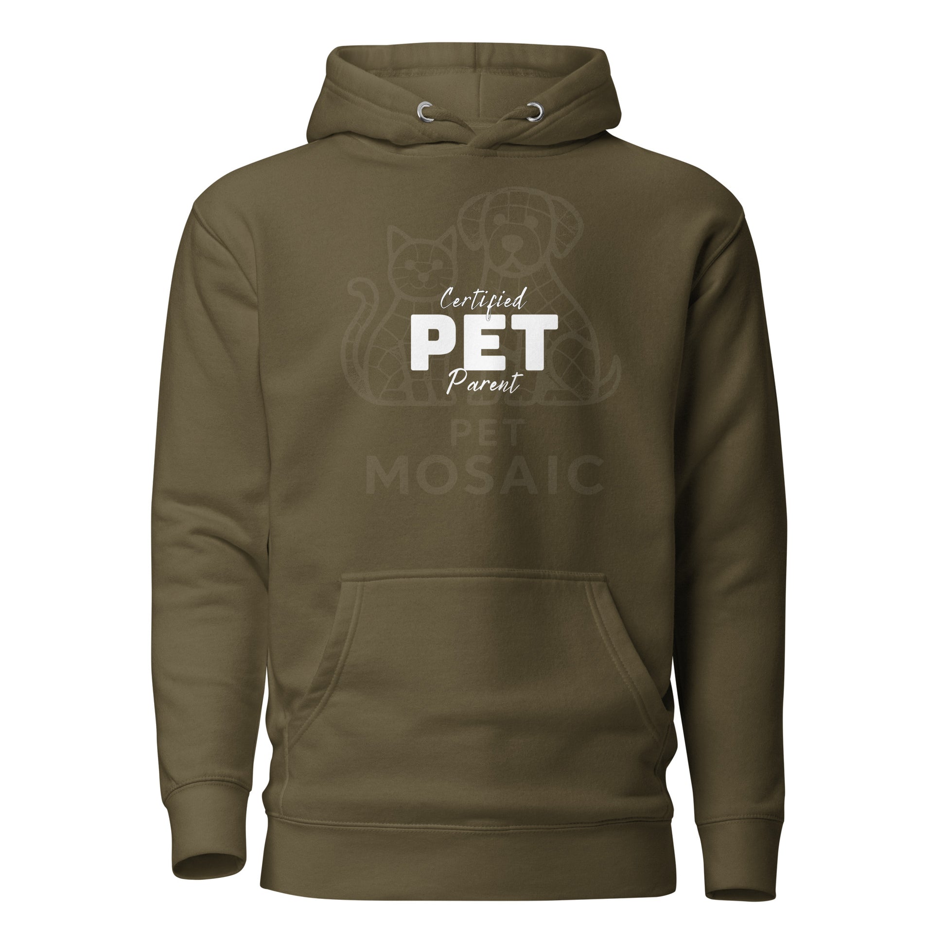 Brown hoodie with 'Certified PET Parent' text on a white background
