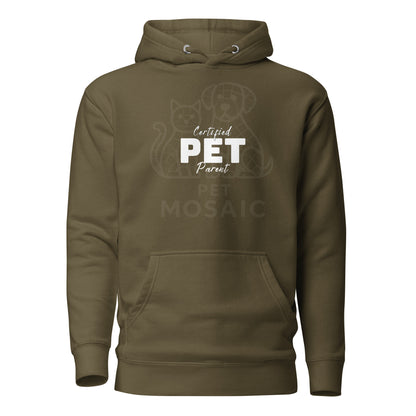 Brown hoodie with 'Certified PET Parent' text on a white background