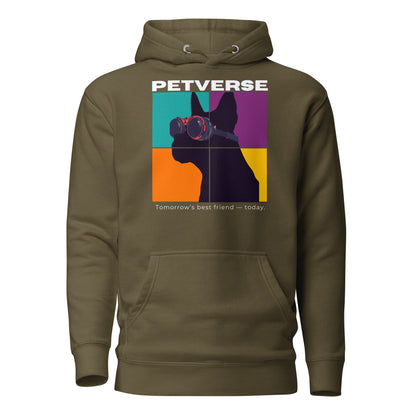 Brown hoodie with a colorful graphic and 'PETVERSE' text on a white background