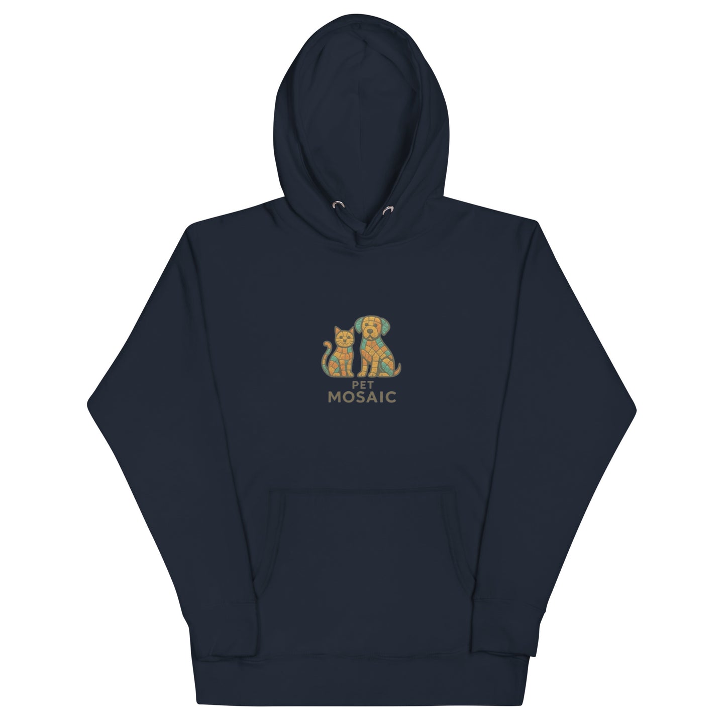Navy blue hoodie with a graphic of two cats and text on a white background