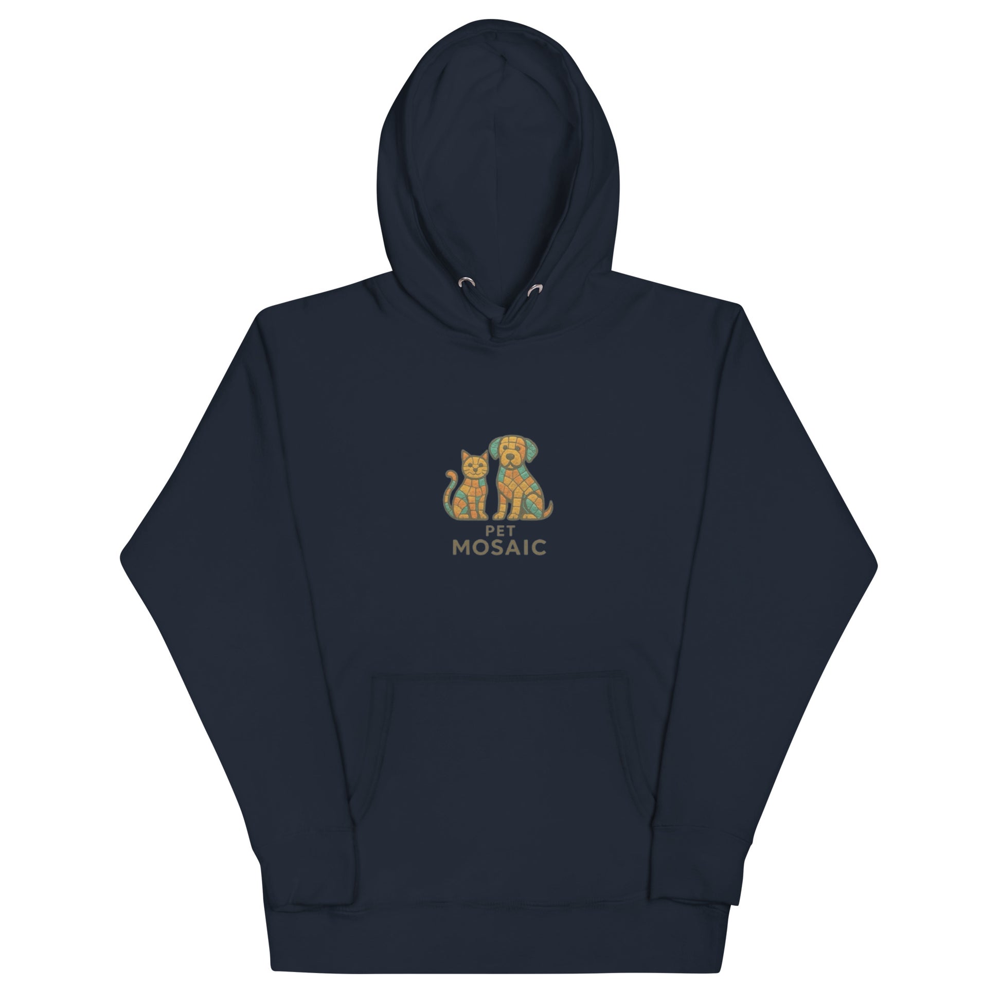 Navy blue hoodie with a graphic of two cats and text on a white background