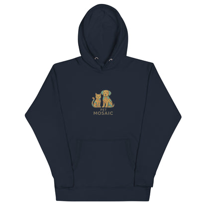 Navy blue hoodie with a graphic of two cats and text on a white background