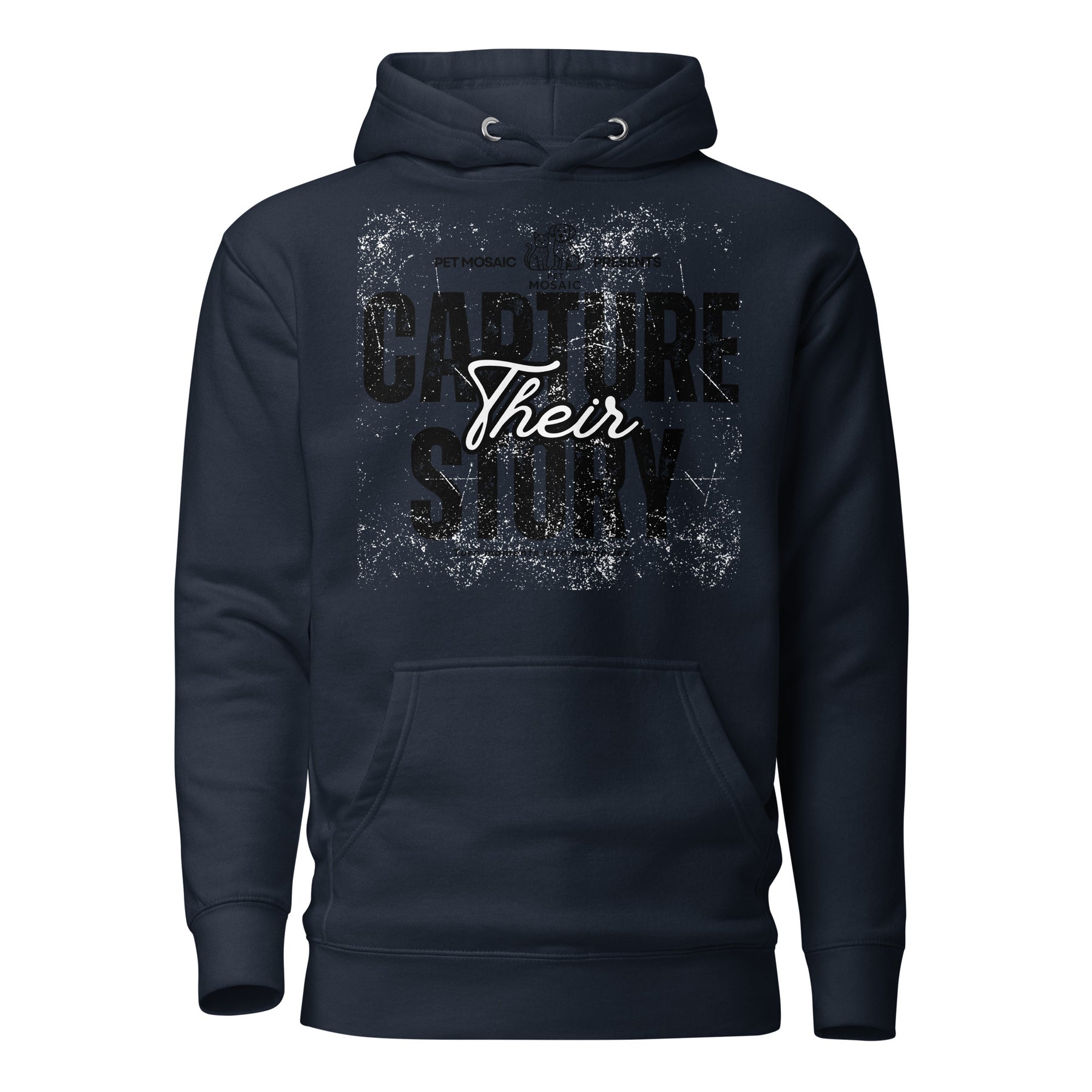 Navy blue hoodie with text design on a white background