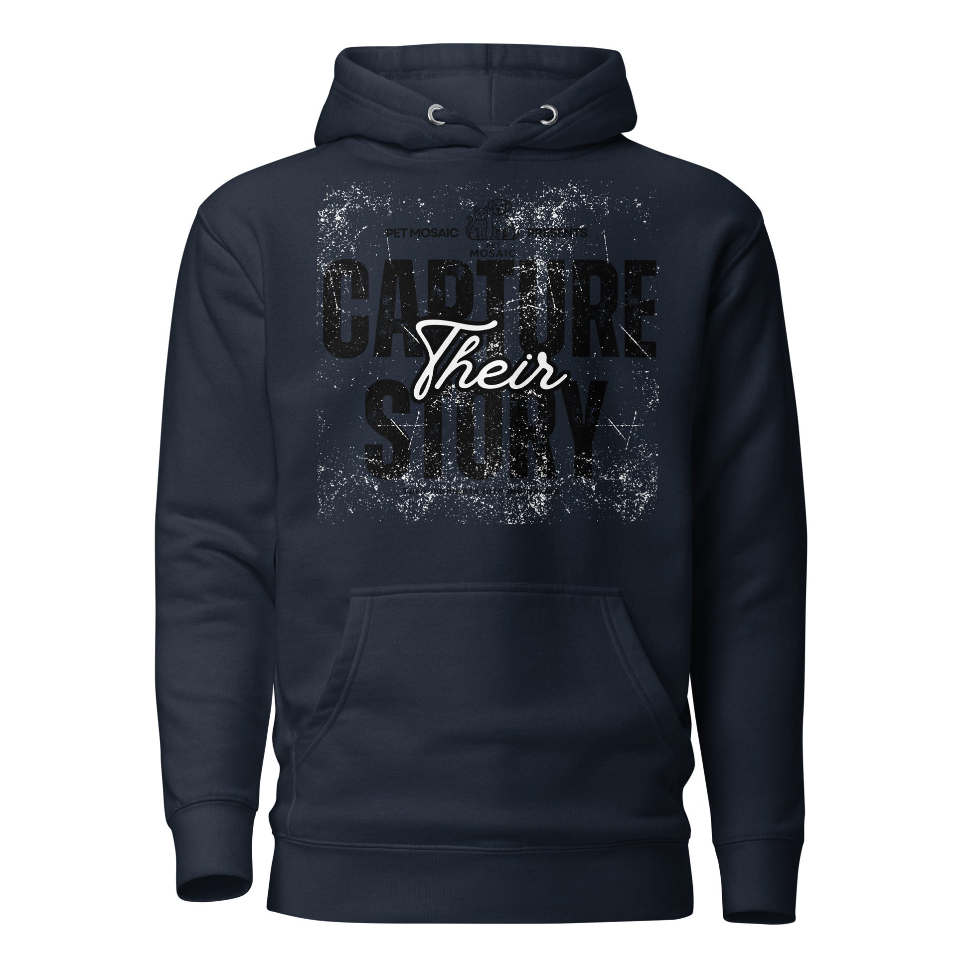 Navy blue hoodie with text design on a white background