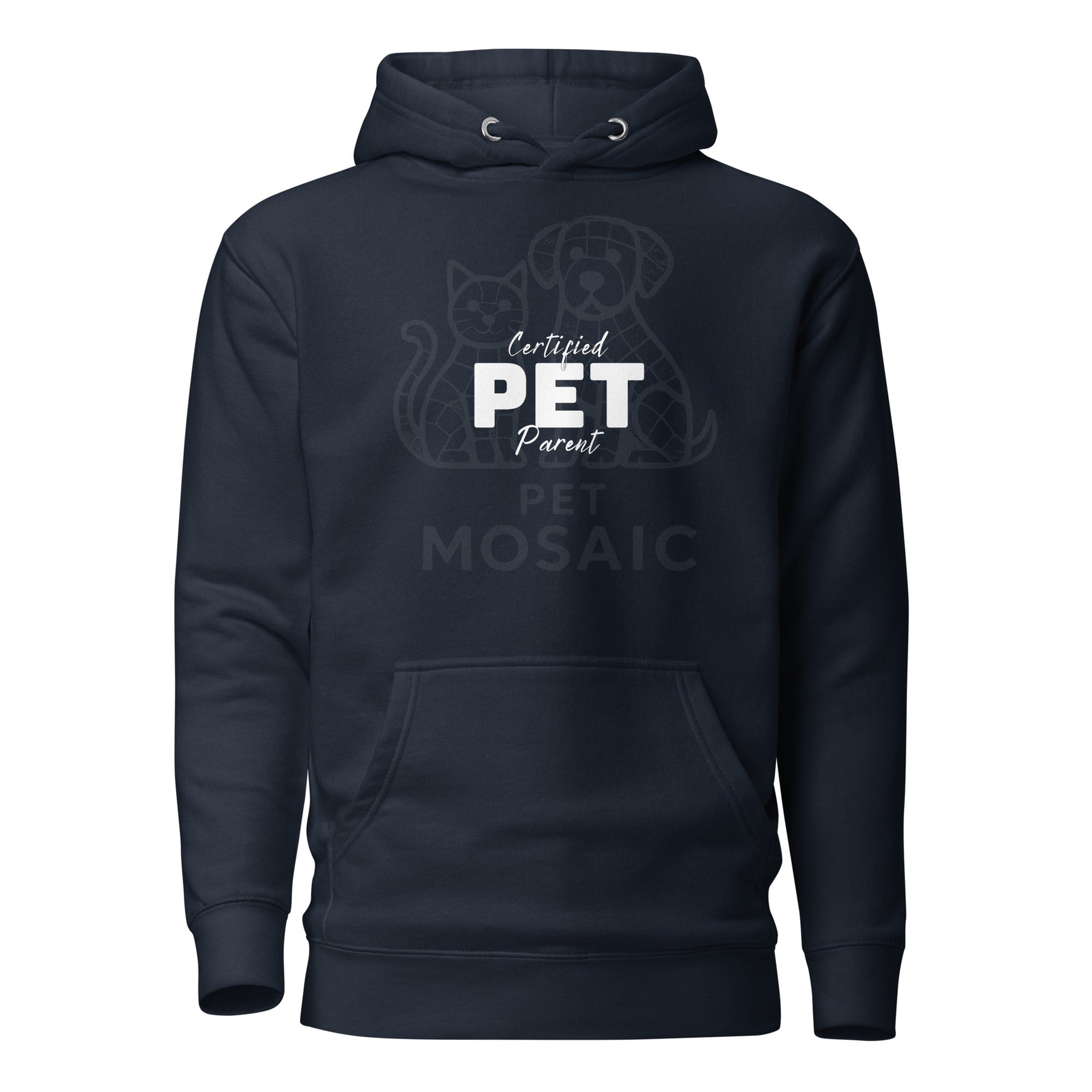 Navy blue hoodie with 'Certified Pet Parent' text on a white background