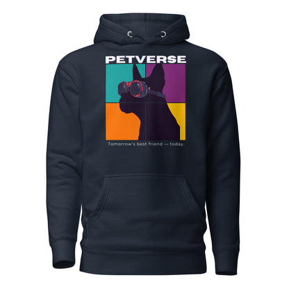 Black hoodie with colorful graphic and 'PETVERSE' text on a white background