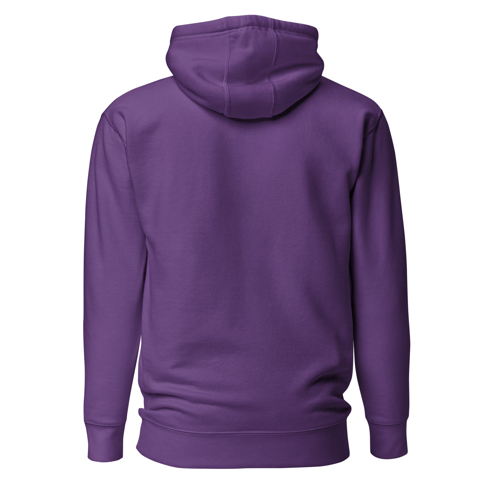 Purple hoodie shown from the back on a white background