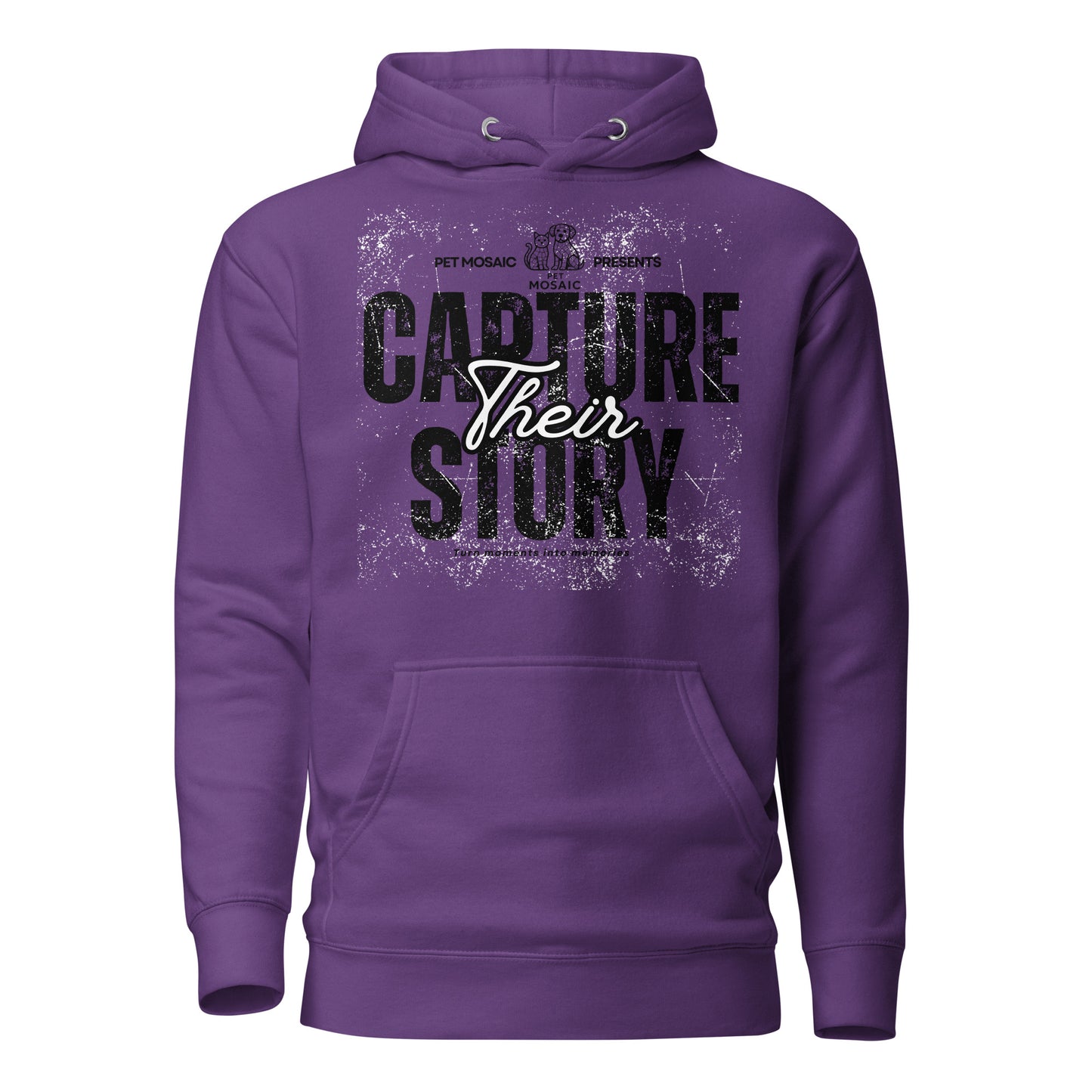 Purple hoodie with text 'Capture Their Story' on a white background