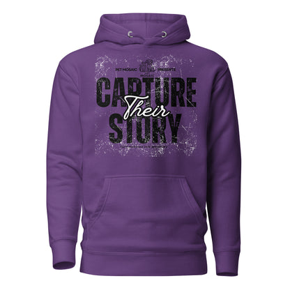 Purple hoodie with text 'Capture Their Story' on a white background