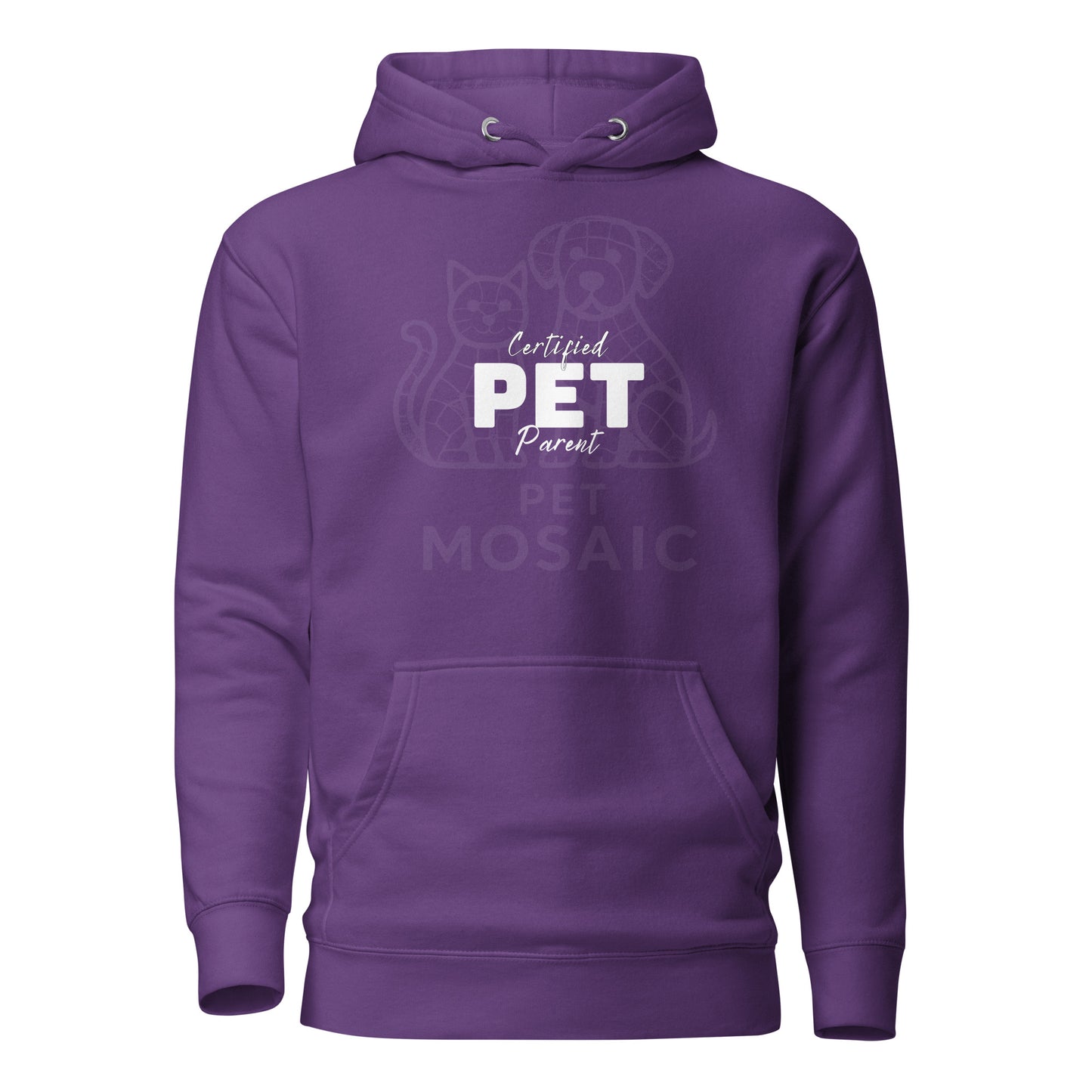 Purple hoodie with 'Certified PET Parent' text and pet mosaic design on a white background