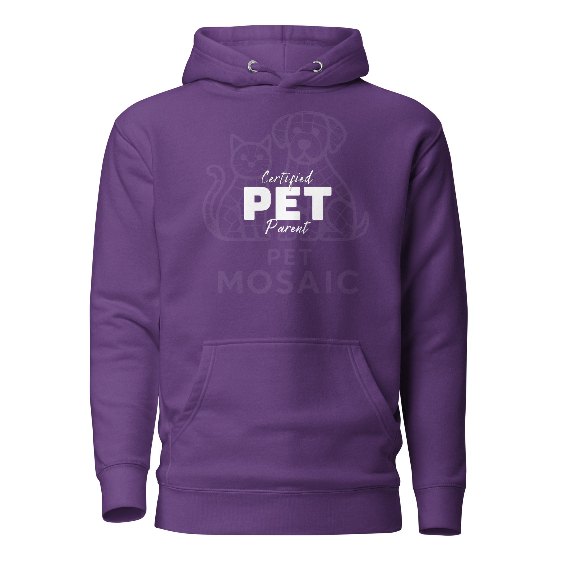 Purple hoodie with 'Certified PET Parent' text and pet mosaic design on a white background