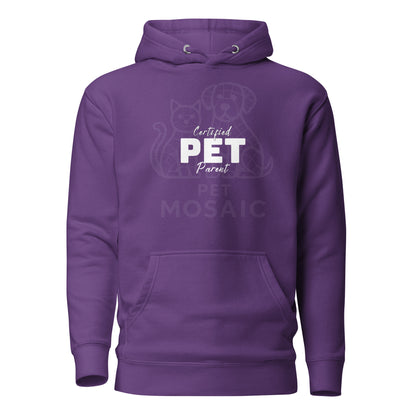 Purple hoodie with 'Certified PET Parent' text and pet mosaic design on a white background