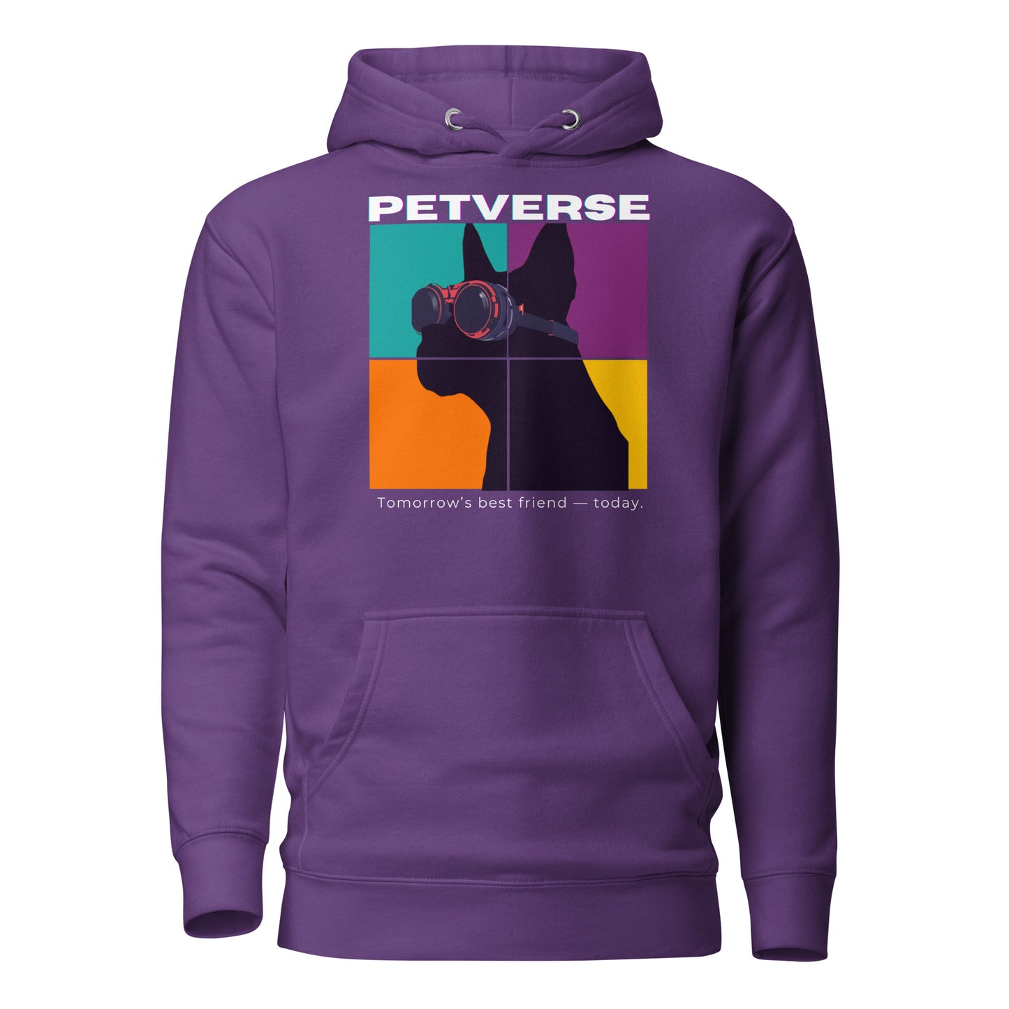 Purple hoodie with a graphic of a dog and 'Petverse' branding on a white background