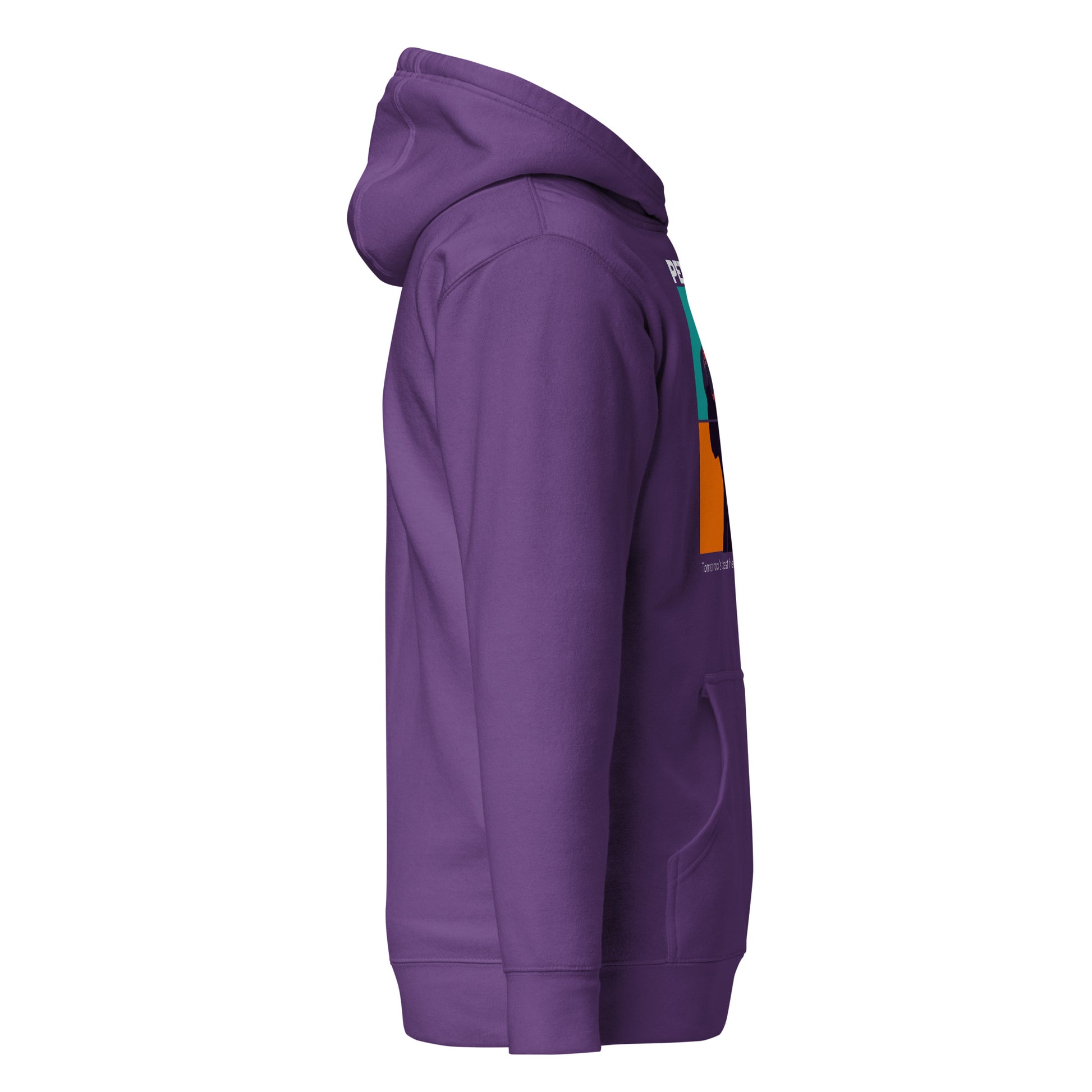 Purple hoodie with colorful accents on a white background
