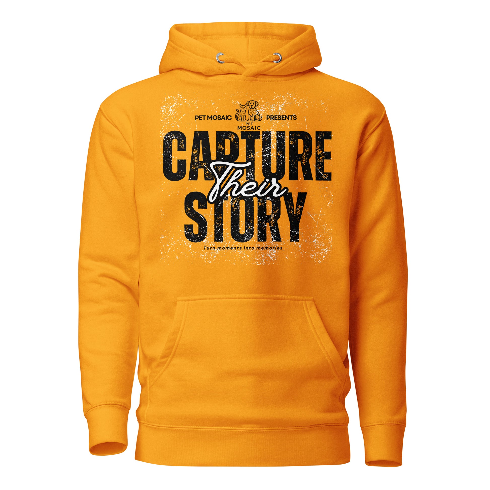 Orange hoodie with text 'Capture Their Story' on a white background