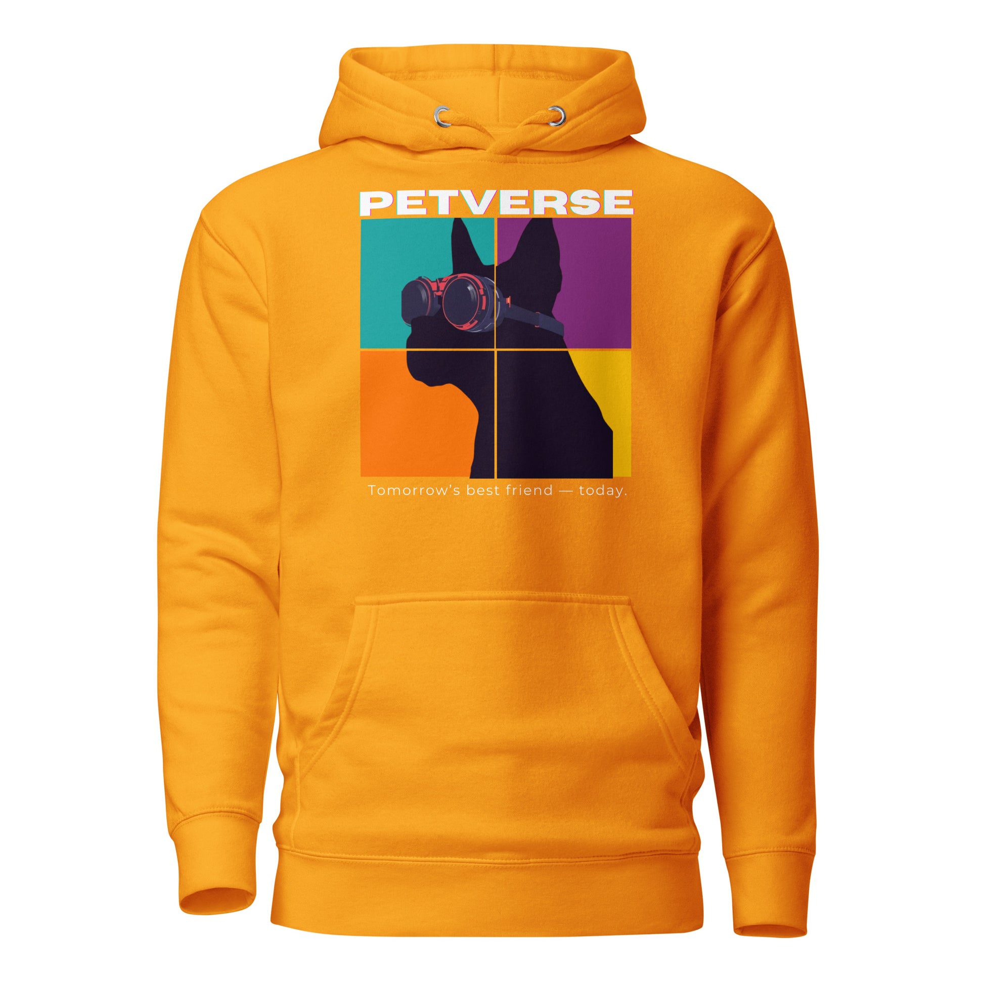 Orange hoodie with a graphic design and 'PETVERSE' text on a white background