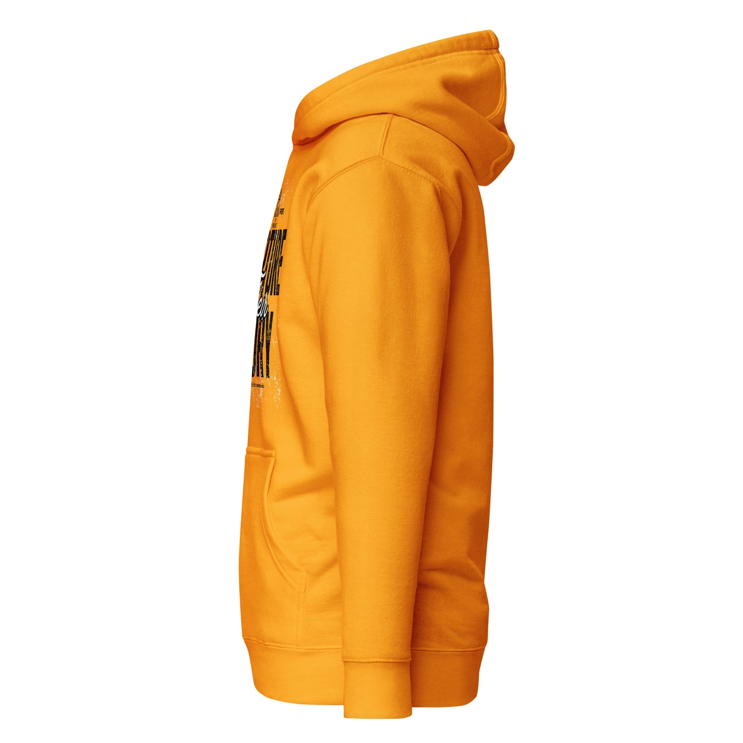 Yellow hoodie with black text on sleeve against a white background
