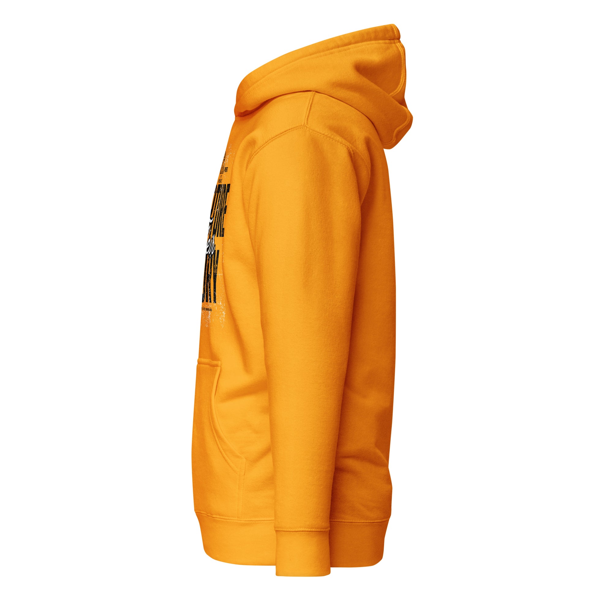 Yellow hoodie with black text on sleeve against a white background