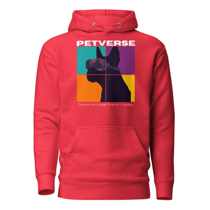 Red hoodie with a graphic of a dog and 'Petverse' branding on a white background
