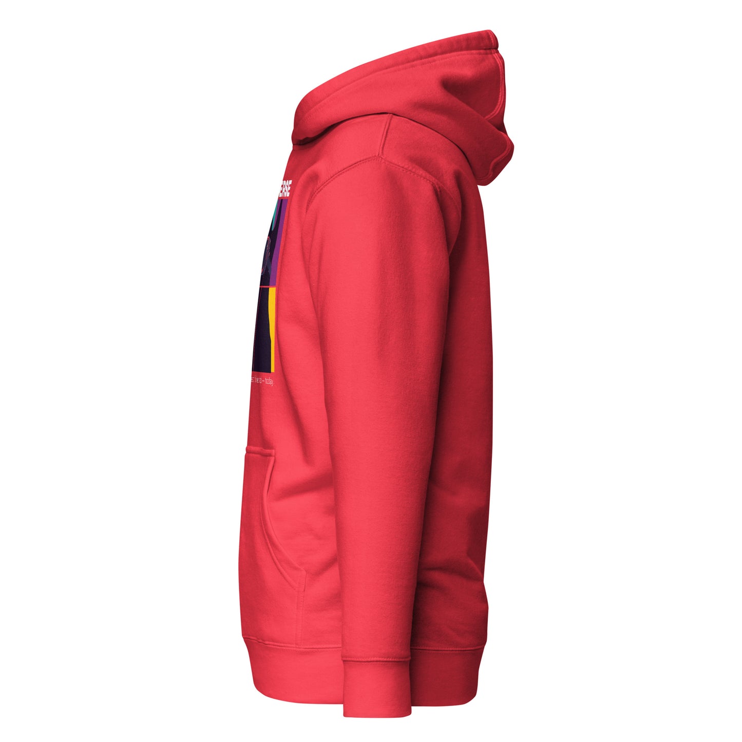 Red hoodie with a colorful patch on the sleeve against a white background