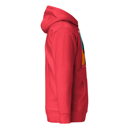 Red hoodie with colorful accents on a white background