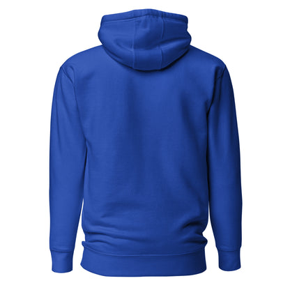Blue hoodie shown from the back on a white background
