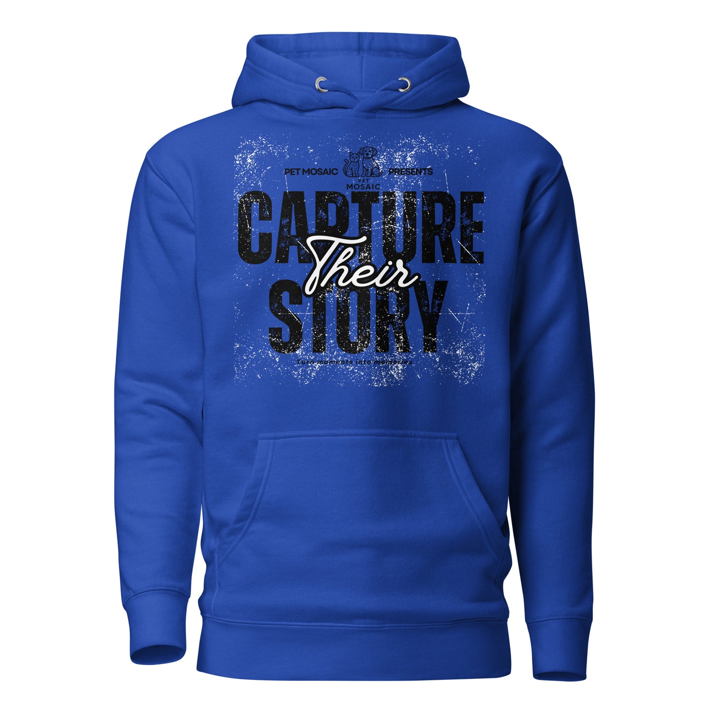 Blue hoodie with text 'Capture Their Story' on a white background