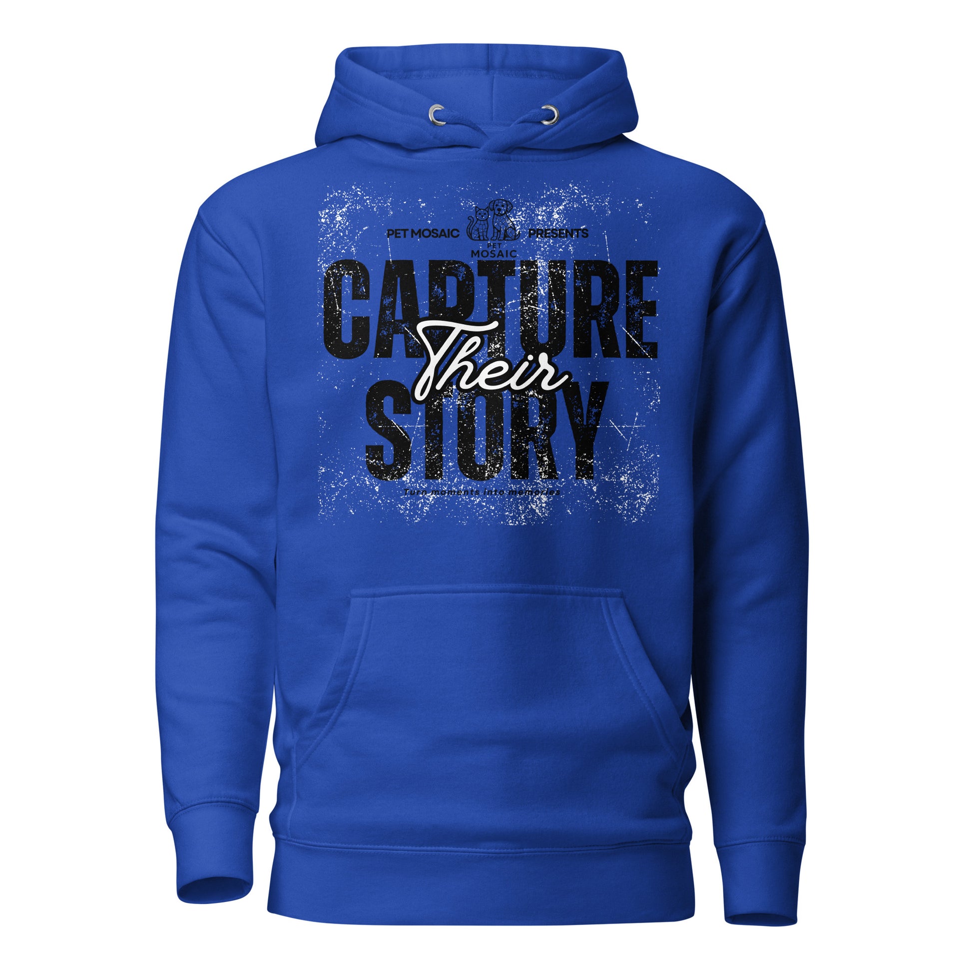 Blue hoodie with text 'Capture Their Story' on a white background