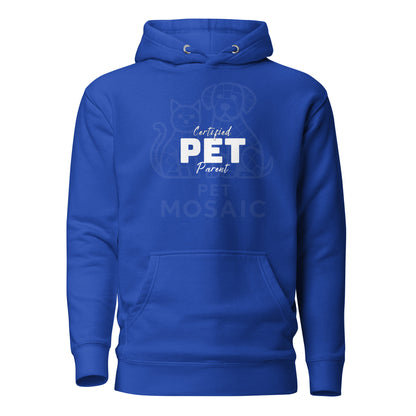 Blue hoodie with 'Certified PET Parent' text and cat graphic on a white background