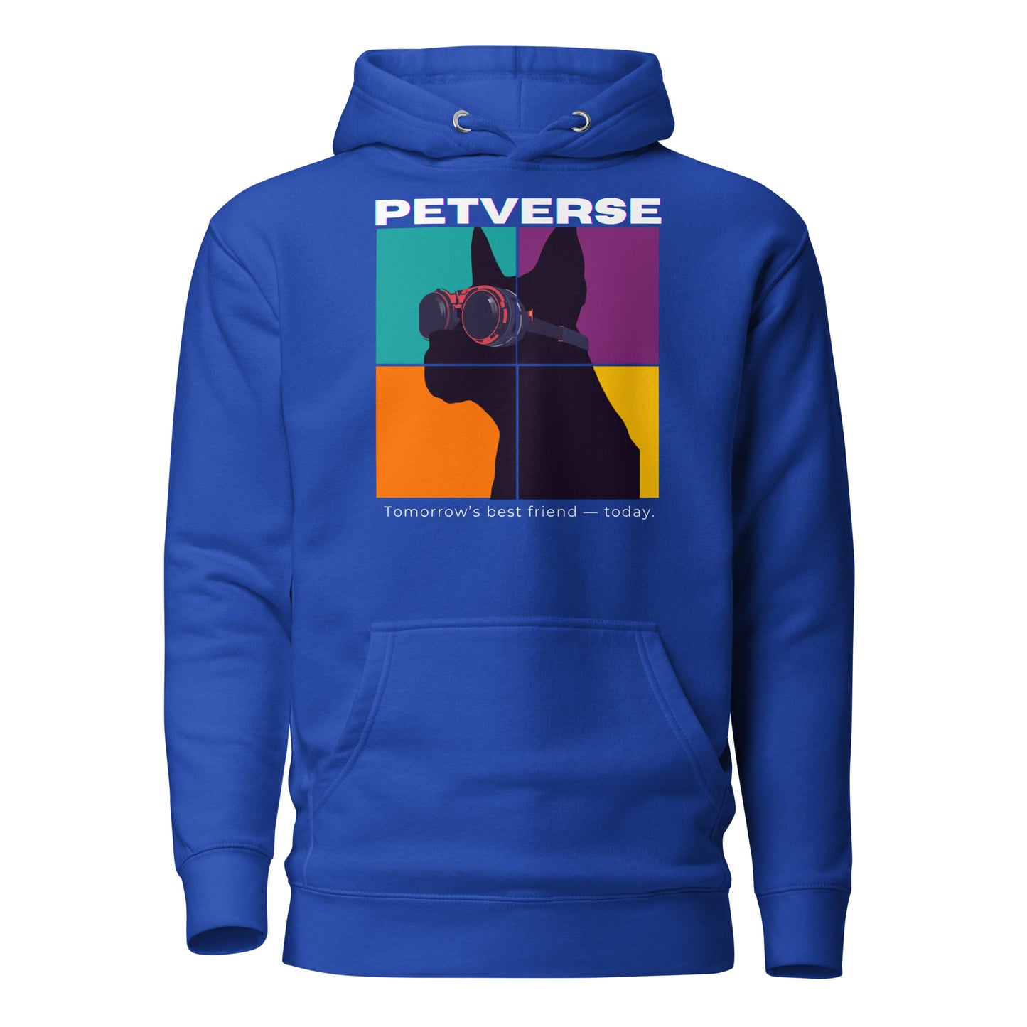 Blue hoodie with a graphic of a dog and 'Petverse' branding on a white background