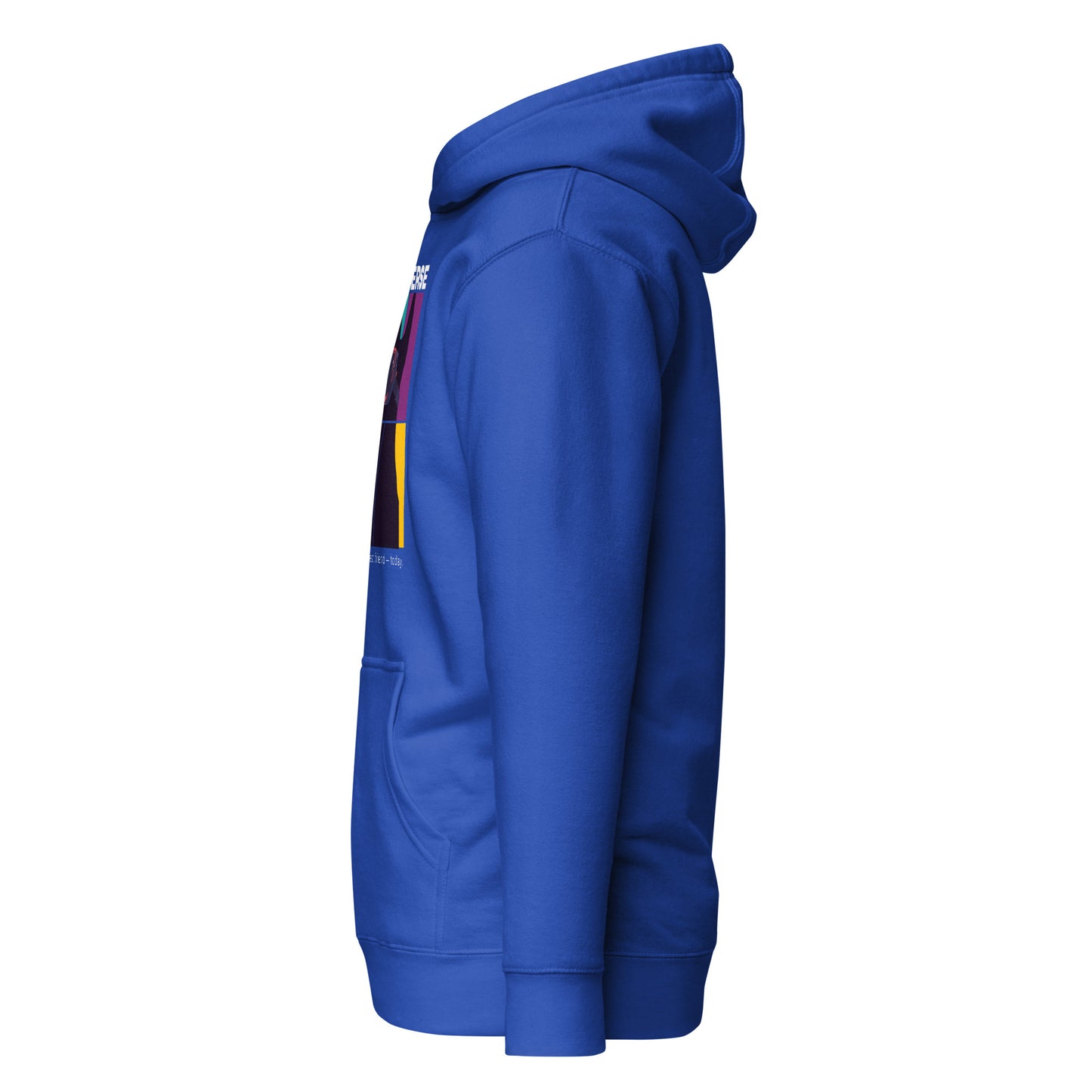 Blue hoodie with colorful patch on a white background