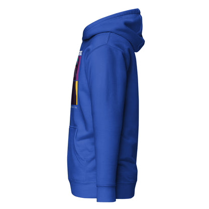 Blue hoodie with colorful patch on a white background