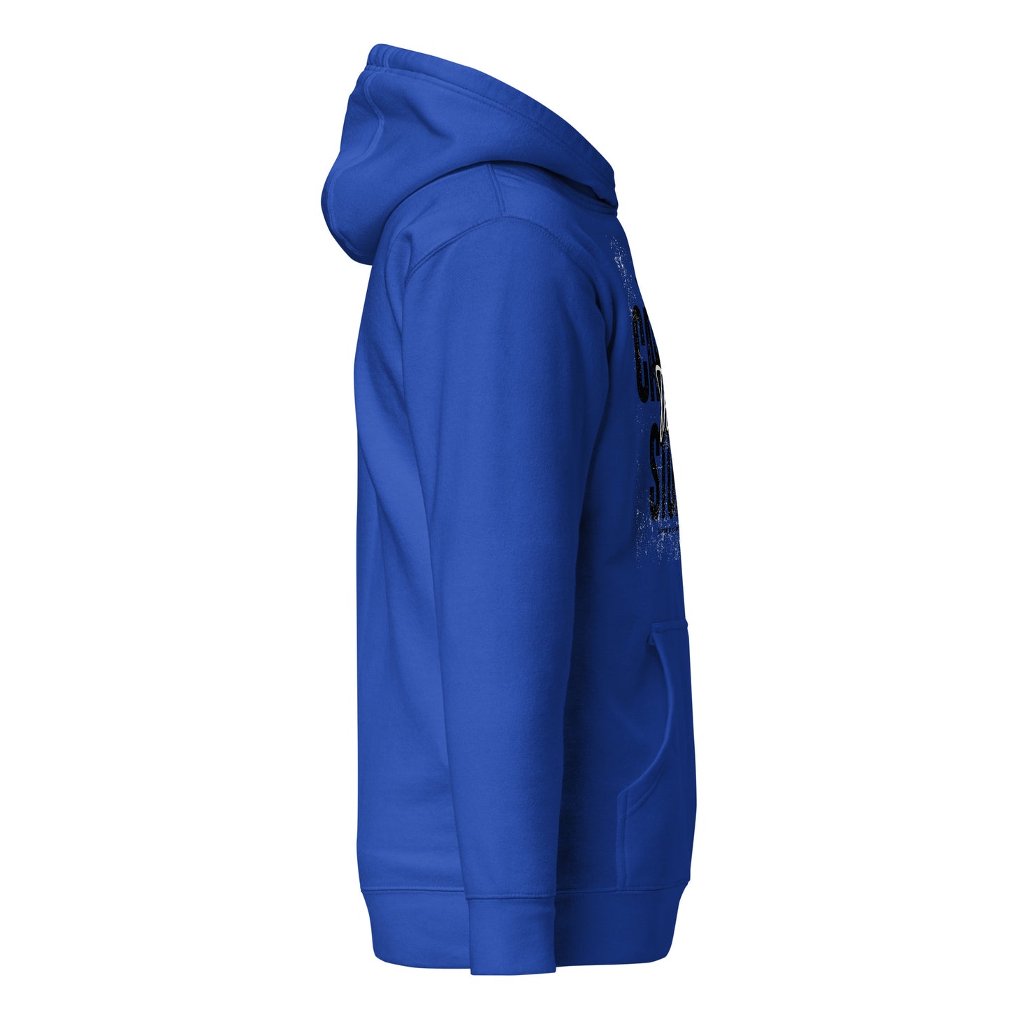 Blue hoodie with a logo on the sleeve against a white background