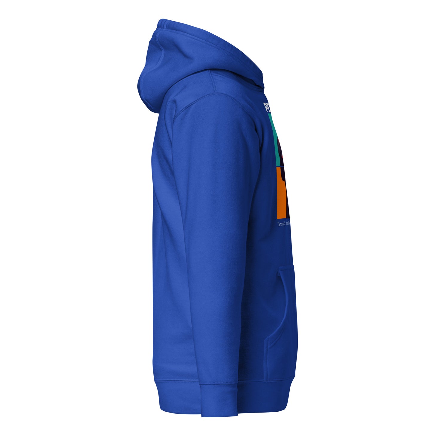 Blue hoodie with colorful accents on a white background