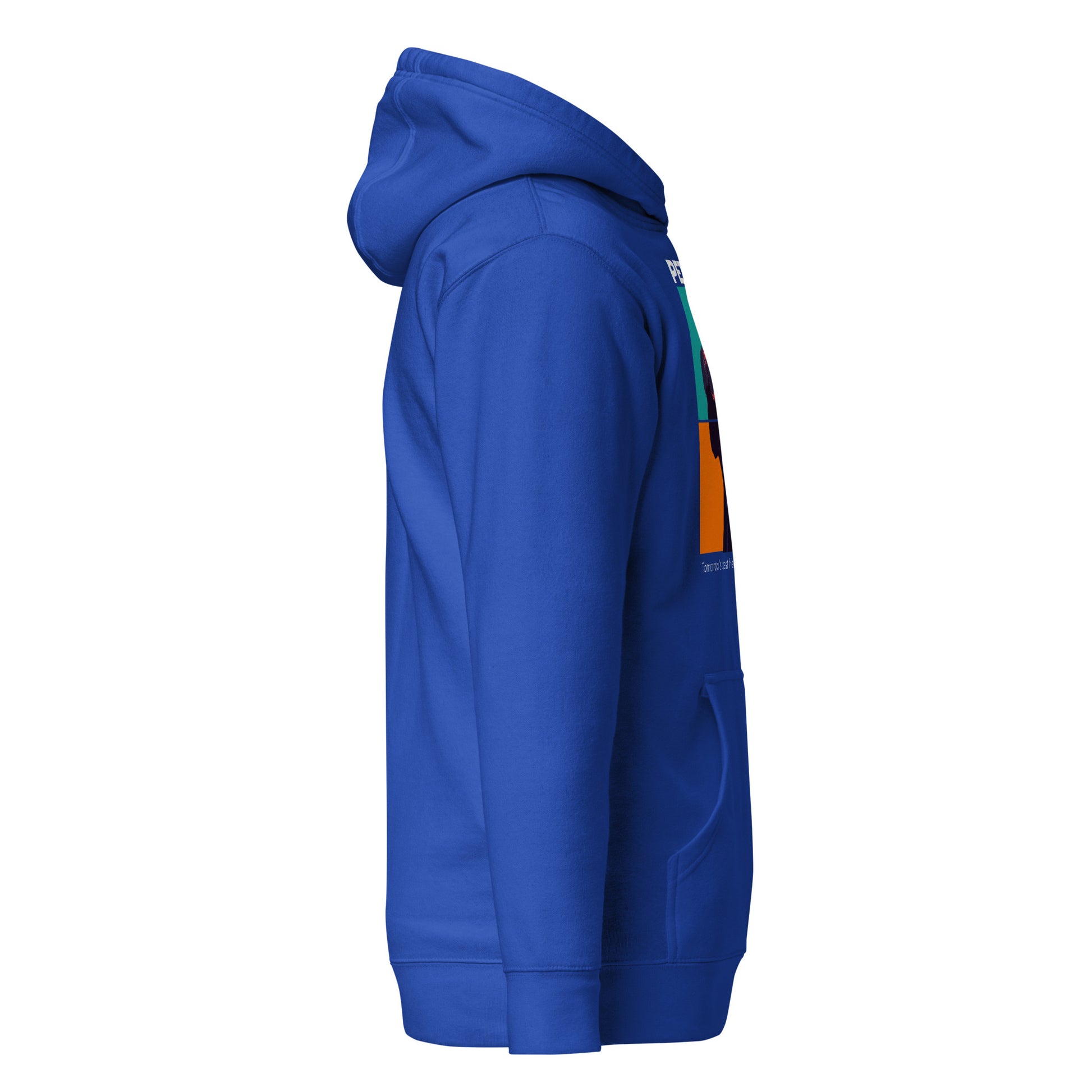 Blue hoodie with colorful accents on a white background