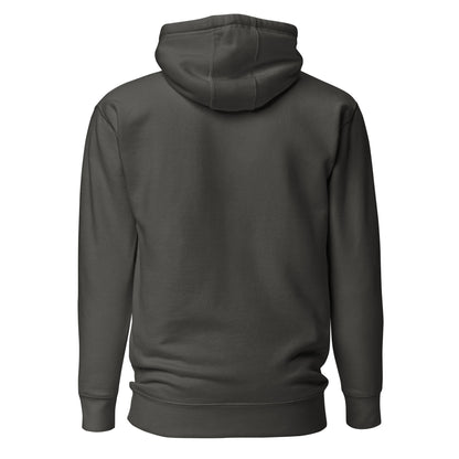 Dark gray hoodie shown from the back on a white background