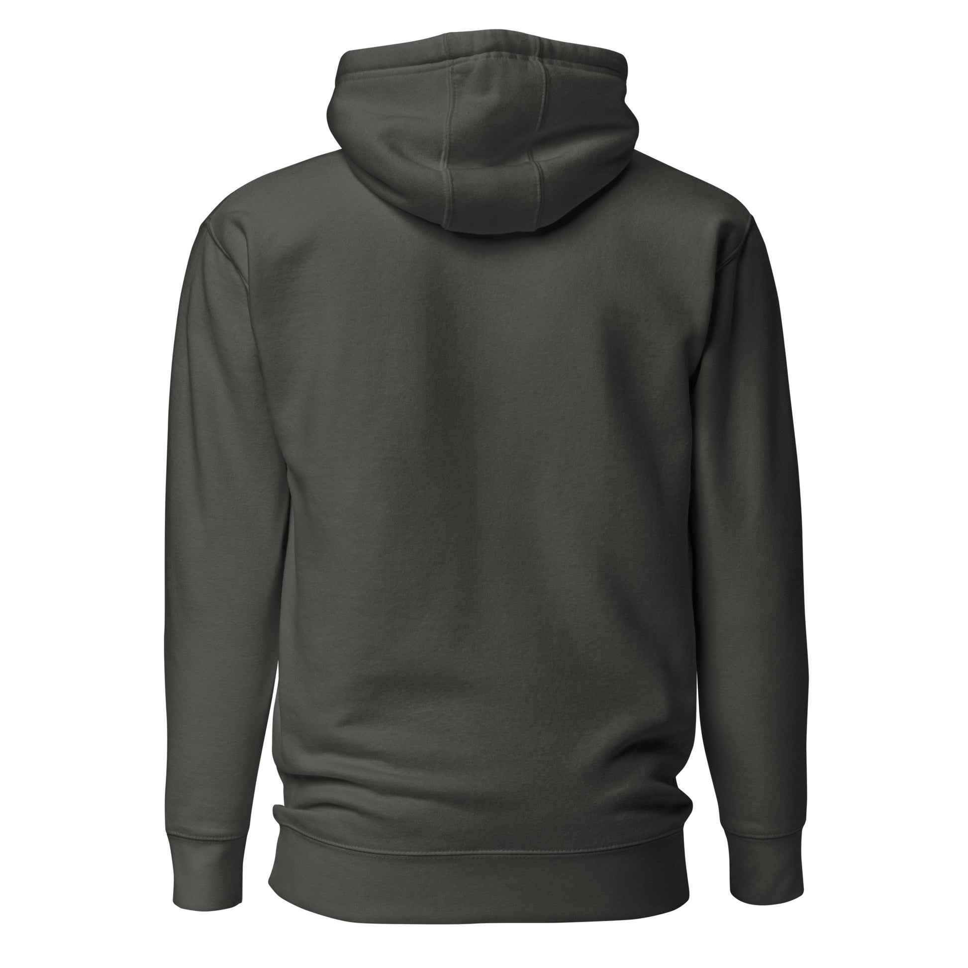Dark gray hoodie shown from the back on a white background