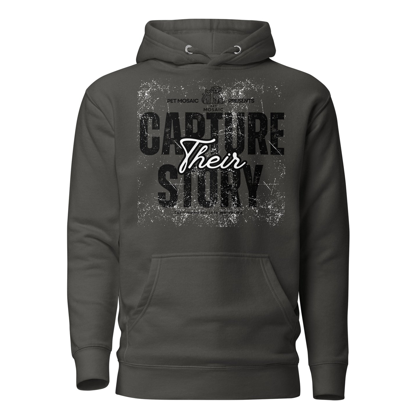 Dark gray hoodie with text 'Capture Their Story' on a white background