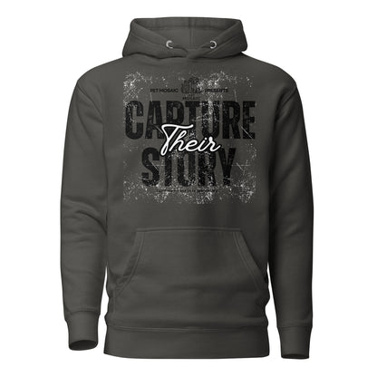 Dark gray hoodie with text 'Capture Their Story' on a white background