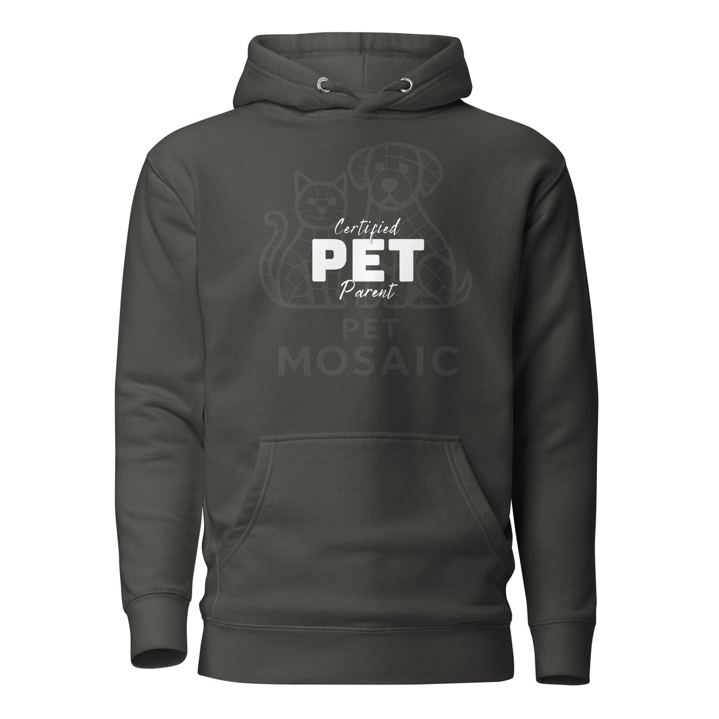 Dark gray hoodie with 'Certified PET Parent' text and cat graphic on a white background