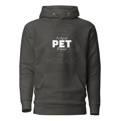 Dark gray hoodie with 'Certified PET Parent' text and cat graphic on a white background