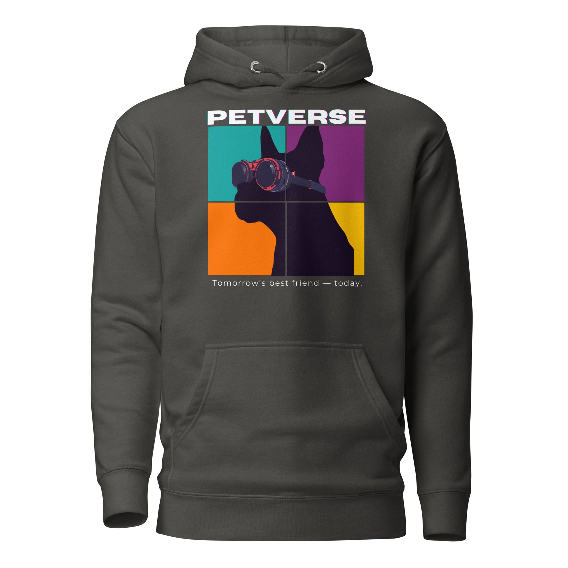 Black hoodie with colorful graphic and 'PETVERSE' text on a white background