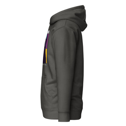 Dark gray hoodie with colorful accents on a white background