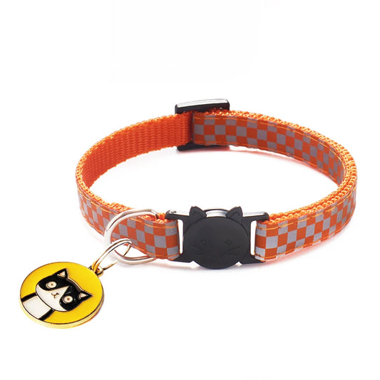 Adjustable cat collar with reflective grid pattern showing secure buckle closure