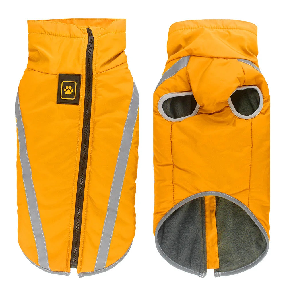 Orange dog coat with reflective stripes and a paw brand logo on a white background