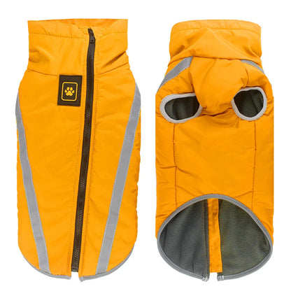 Orange dog coat with reflective stripes and a paw brand logo on a white background