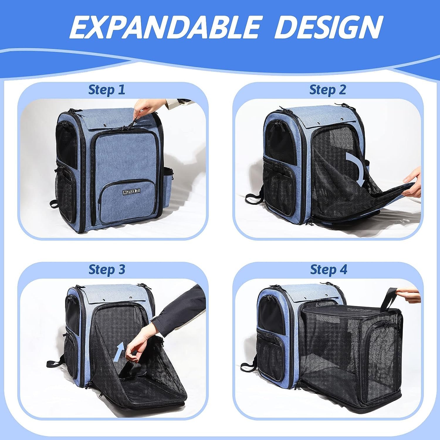 Expandable Pet Carrier Backpack for Small Medium Dog and Cat, Large Space Fits up to 15 Lbs Pet, Foldable Backpack with Safety Lock Zipper and Breathable Mesh for Travel Hiking Camping(Blue)
